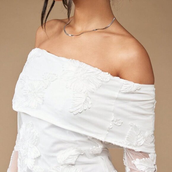 White Elegant Womens Embroidered Flap Off Shoulder Bardot Long Sleeve Mini Dress - Picture 6 of 7
